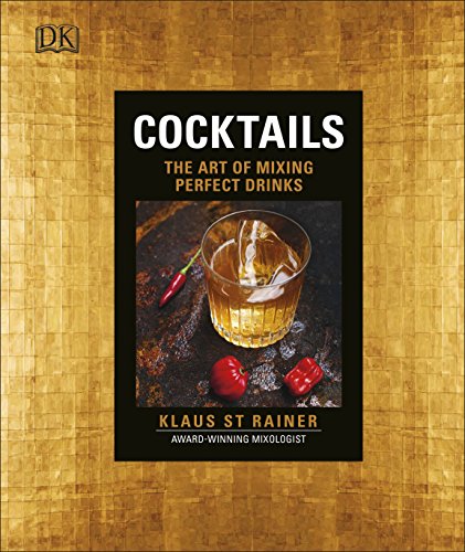 Book cover for “Cocktails” featuring a glass of whiskey and red peppers.