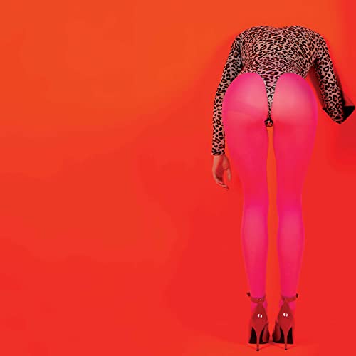 Person in leopard print and pink tights, back view, red background.