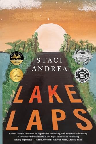Book cover: road leading to a lake under a full moon, text “Lake Laps”.
