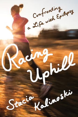 Book cover: woman running uphill at sunset, title “Racing Uphill”.