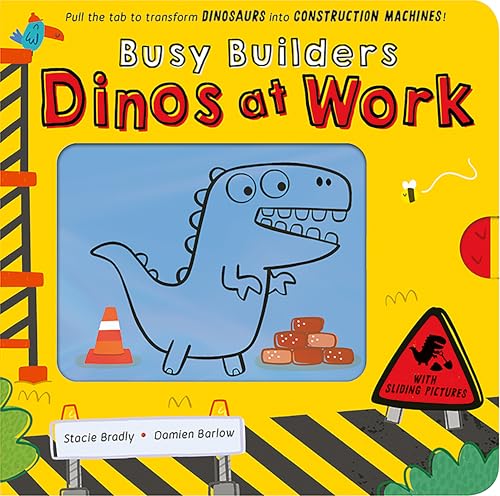 Book cover with a blue dinosaur amongst construction elements.