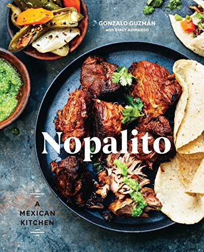Cookbook cover featuring grilled meat, salsa, and tortillas, titled "Nopalito.