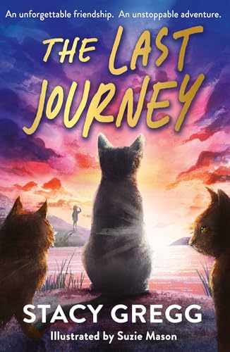 Three cats sit overlooking a lake at sunset on this book cover.