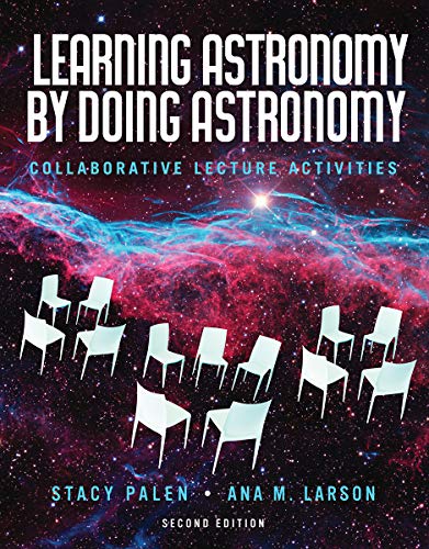 Book cover with title "Learning Astronomy," nebula background, and empty chairs.