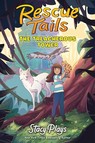 Book cover: girl with dogs and a hawk near a tower.