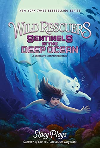 Book cover: girl and white dog swimming underwater with marine life.