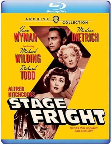 Blu-ray cover for Alfred Hitchcock's Stage Fright featuring Jane Wyman and Marlene Dietrich.