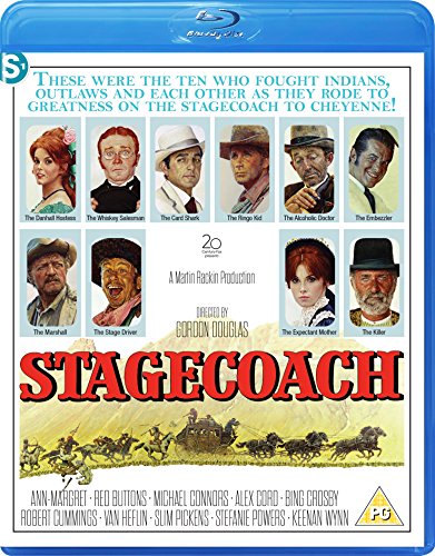 Blu-ray cover for Stagecoach featuring portraits of the cast and a stagecoach illustration.