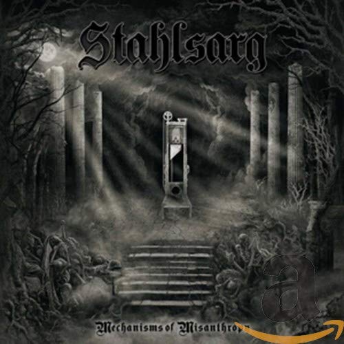 Stahlsarg album cover: grayscale image with guillotine, pillars, and fog.