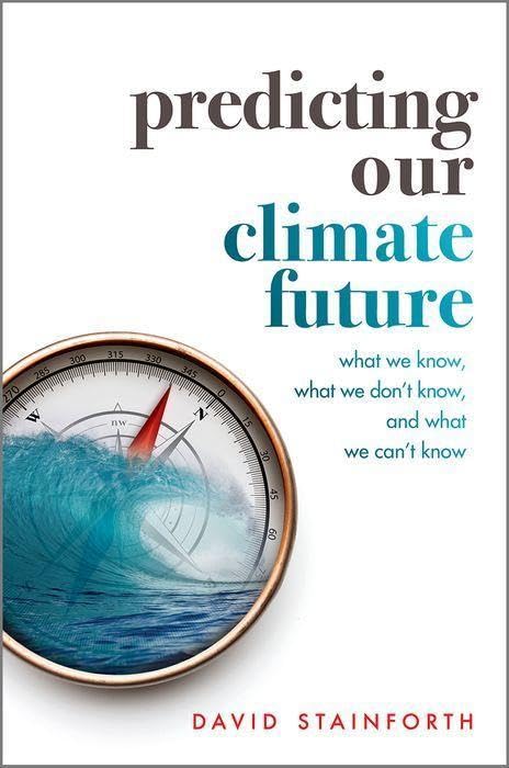 Book cover: "Predicting Our Climate Future" with compass and ocean wave.