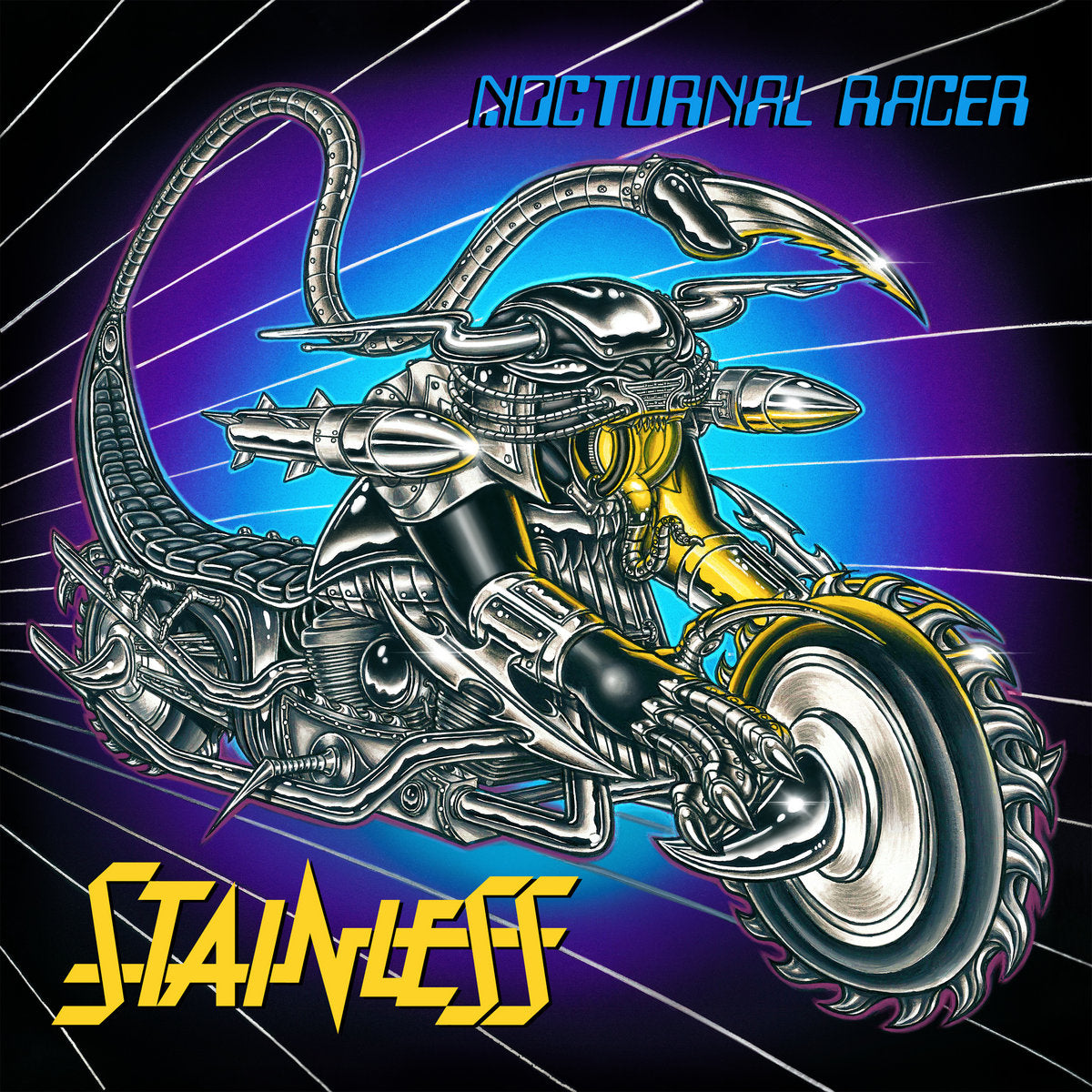 Album art showing a metallic, scorpion-like creature riding a futuristic motorcycle against a grid background.