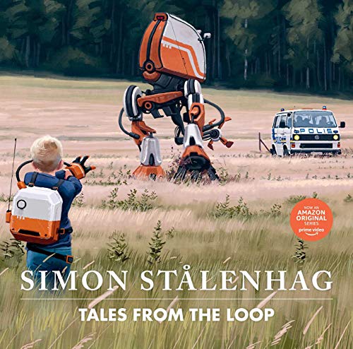 A child with a backpack watches a large robot in a field near a police van.