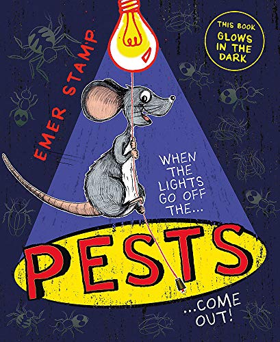 Book cover: mouse with glowing bulb, insects, and the title "PESTS".