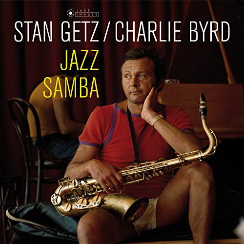 Stan Getz in a red shirt holding a saxophone on the Jazz Samba album cover.