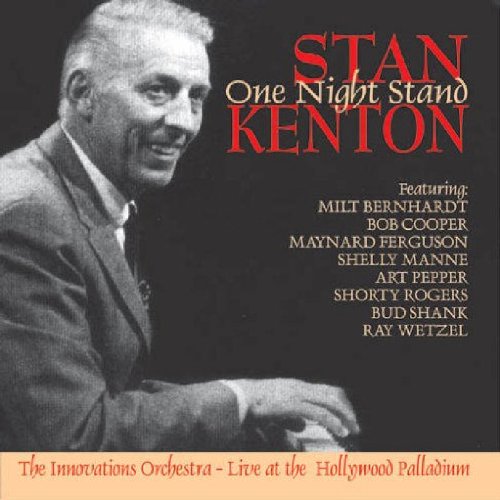 Black and white photo of Stan Kenton playing piano on a CD cover.