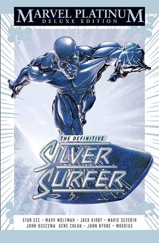 Silver Surfer on a blue surfboard, cover of a Marvel Platinum Edition book.