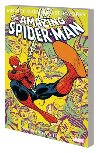 Spider-Man swings through a yellow background filled with various comic book character faces.