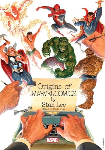 Book cover featuring Marvel heroes and Stan Lee at a typewriter.