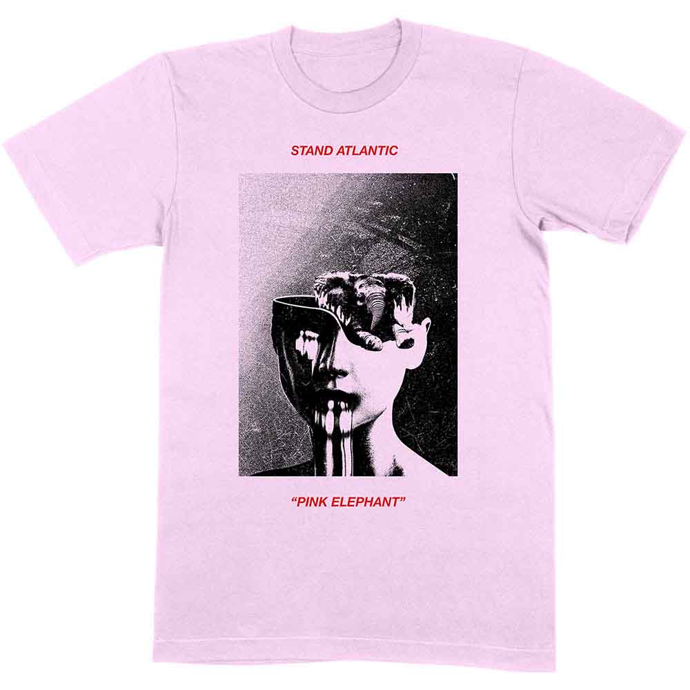 Pink t-shirt with black and white graphic of a face and text.