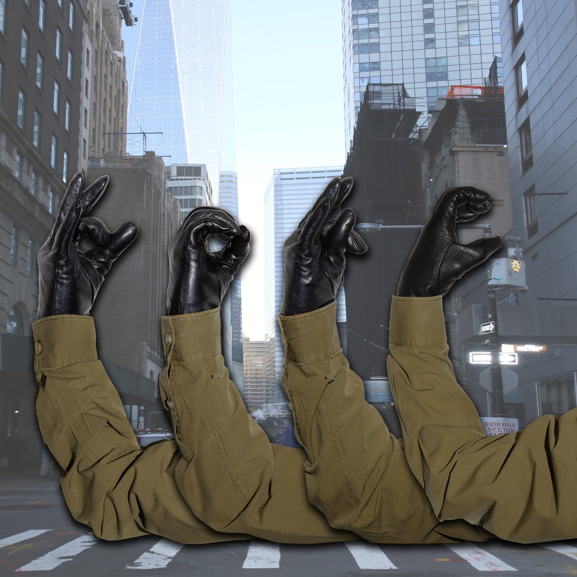 CD cover: arms in sleeves making hand gestures in a city.