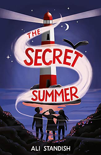 Book cover: lighthouse, silhouetted figures, and title “The Secret Summer.”