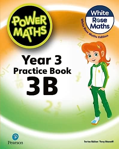“Power Maths” Year 3 Practice Book 3B cover with a girl illustration.