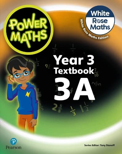 Power Maths Year 3 Textbook 3A cover featuring a cartoon boy and math symbols.