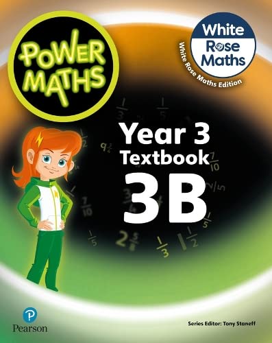 Power Maths Year 3 Textbook 3B cover featuring a cartoon girl and math fractions.