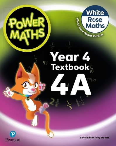 Power Maths 4A textbook cover with cartoon cat and fractions.