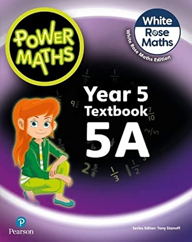 Power Maths" Year 5A textbook cover with a girl and math equations.