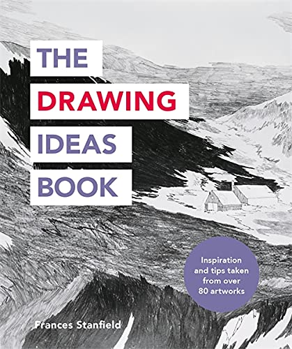 Book cover titled The Drawing Ideas Book by Frances Stanfield featuring a charcoal landscape drawing.