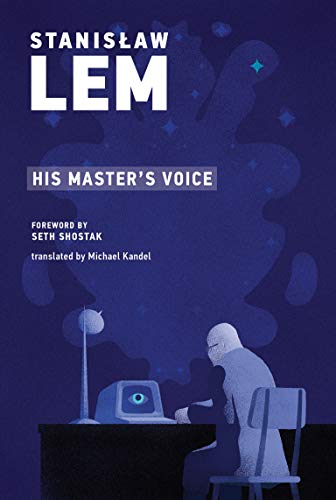 Book cover: "His Master's Voice" by Stanisław Lem, featuring a man and robot.