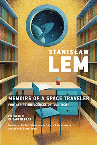 Book cover with a spaceship in a porthole, bookshelves, and a desk.
