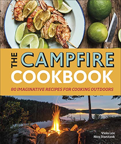 Cookbook cover with grilled shrimp, campfire scene, and bold yellow title.