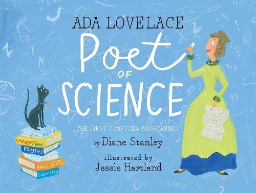 Book cover featuring Ada Lovelace with books and scientific sketches.