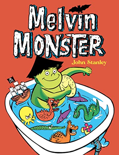 Green monster Melvin in a bathtub with various sea creatures.