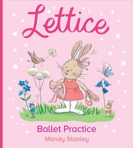 Rabbit in pink dress practices ballet with flowers and birds.