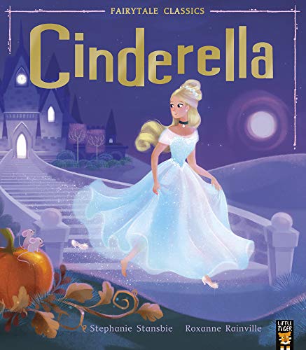 Cinderella in a blue gown running from a castle at night with a pumpkin.