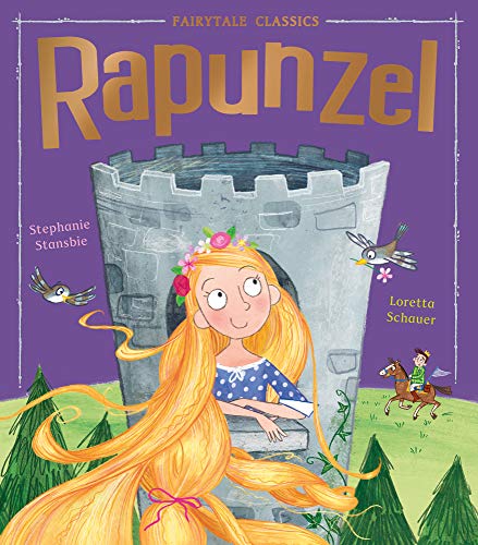 Book cover showing Rapunzel with long blonde hair leaning out of a stone tower.
