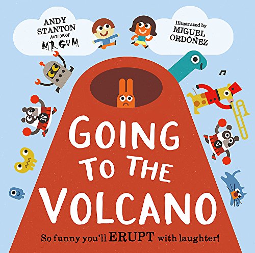 Book cover: red volcano with cartoon animals and robots around it.