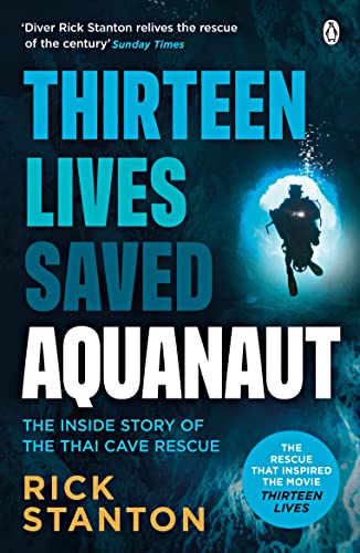 Book cover for “Aquanaut” depicting a diver in a flooded cave, blue text.