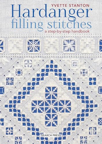 Book cover titled Hardanger Filling Stitches showing intricate white embroidery on a blue background.