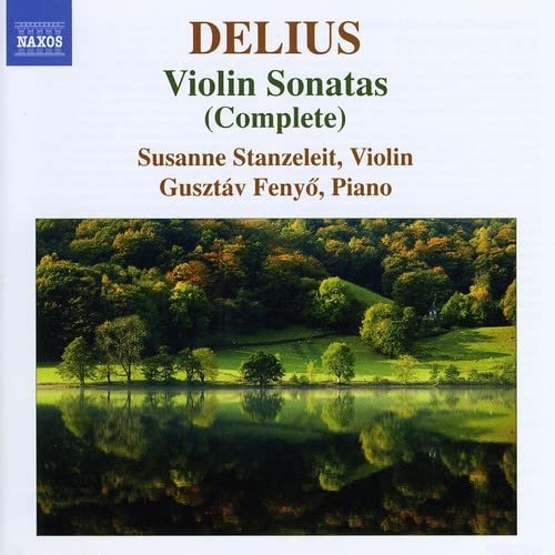 CD cover for Delius’ Violin Sonatas with a landscape reflection.