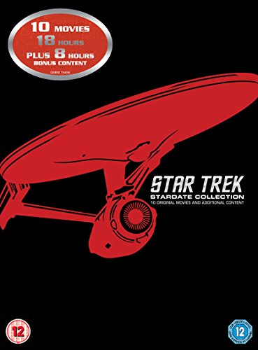 Red silhouette of the Starship Enterprise on a black background.