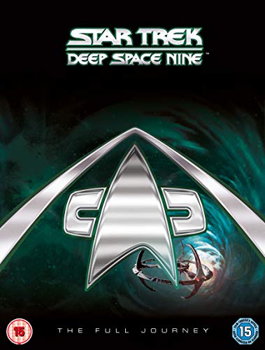 Star Trek Deep Space Nine DVD cover with metallic insignia and space station background.