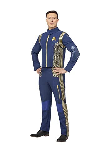 Man wearing a dark blue and gold Star Trek uniform.