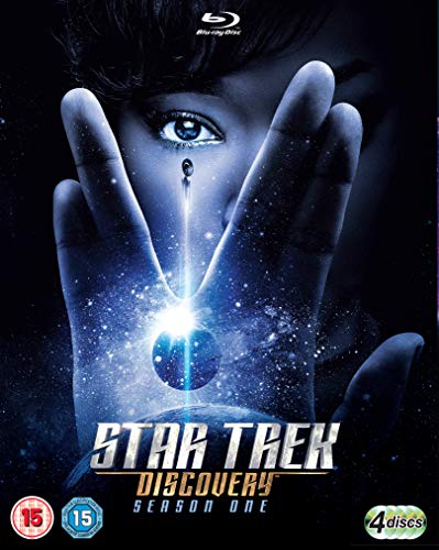 "Blu-ray cover of Star Trek: Discovery Season 1, featuring a person's hand and face."