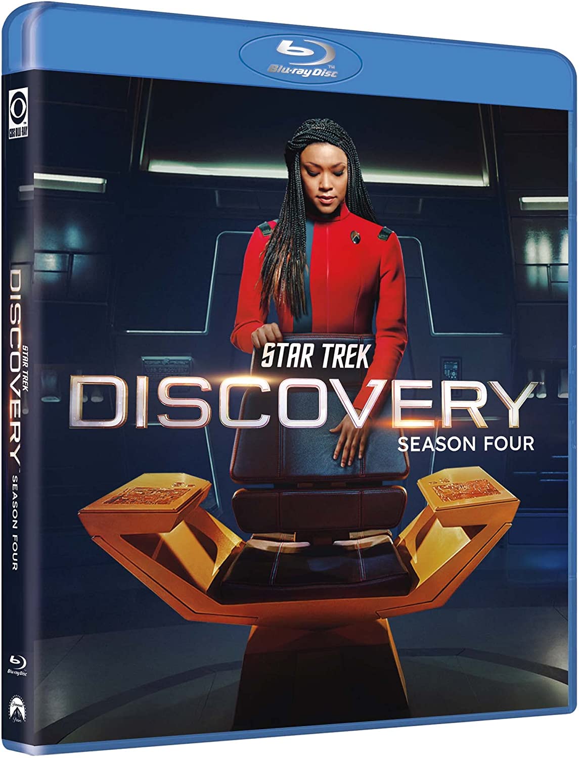 "Back cover of Star Trek: Discovery Season 4 Blu-ray with characters and barcode."