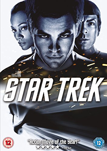 Star Trek DVD cover featuring close-ups of three main characters and the movie title.