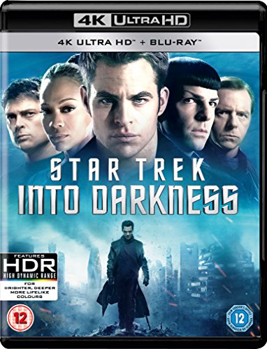 Star Trek Into Darkness" Blu-ray cover with cast portraits and city backdrop.